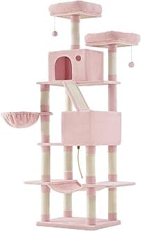 Feandrea Cat Tree, 206 cm Large Cat Tower Condo with 13 Scratching Posts, 1 Scratching Ramp, 2 Perches, 2 Caves, Basket, Hammock, Pompoms, Jelly Pink PCT190P01V1