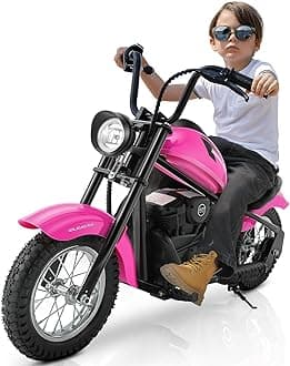 ELEMARA Electric Dirt Bike, 15 mph & 150lb Max, 24V Ride on Toy for Big Kids w/LED Lights & Power Display,Chain-Driven Motor,Twist-Grip Throttle, Shock Springs,Handbrake,12" Air-Filled Tires-Pink
