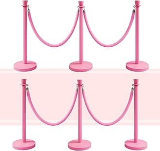 Velvet Pink Stanchion Set – 6 Stanchion Posts and 4 Pink Ropes Crowd Control Rope Safety Barriers Kit for Events Weddings Red Carpet Poles Ropes Set