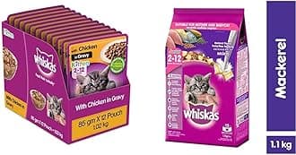 Whiskas Kitten (2-12 Months) Wet Cat Food, Chicken in Gravy, 12 Pouches (12 X 85G) & Kitten (2-12 Months) Dry Cat Food, Mackerel Flavour, 1.1Kg Pack