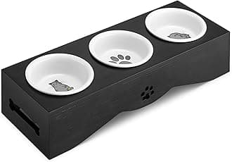 Navaris Cat Bowls in Stand - 3 Bowl Pet Feeding Station for Cats and Small Dogs - Cute Cats Design Ceramic Food and Water Bowls in Raised Black Holder