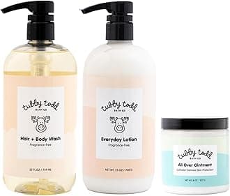 TUBBY TODD 3-Step Baby Bath & Skincare Routine - The Regulars Bundle - Baby Shampoo and Body Wash, Everyday Lotion 25 Oz & All Over Ointment 8 Oz - Fragrance-Free