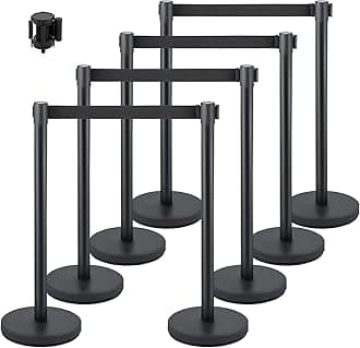 VEVOR Crowd Control Stanchion Set, Stanchion Set with 6.6 ft/2 m Black Retractable Belt, Black Crowd Control Barrier w/Concrete and Metal Base - Easy Connect Assembly (8)