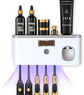 Wall Mounted Toothbrush Holder with Toothpaste Dispenser Electric Toothbrush Holder for Bathroom Solar Charging and No Drilling Required Smart Toothbrush Organizer with 5 Brush Slots