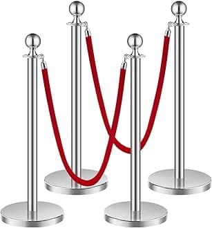 VEVOR Stanchions and Velvet Ropes 4Pcs, Hollow Base with Stainless Steel Post, 2 Red Velvet Ropes and Posts, Crowd Control Barriers Silver Stanchions, Red Carpet Runner Poles for Party Supplies