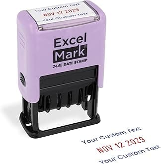 ExcelMark 2445 Date Stamp with Text - Blue and Red Ink (Violet Mount, Custom)