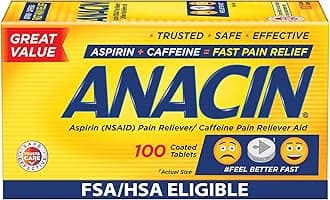 Anacin Aspirin & Caffeine Fast Pain Relief, Eases Minor Aches and Pains Due to Headache, Muscle Aches & Arthritis, 100 Count