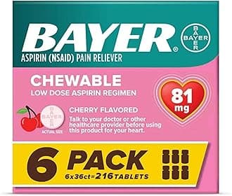 Bayer Aspirin Low Dose 81 mg Chewable Tablets, Pain Reliever, Cherry Flavored, 216 Tablets, 36 Count (Pack of 6)