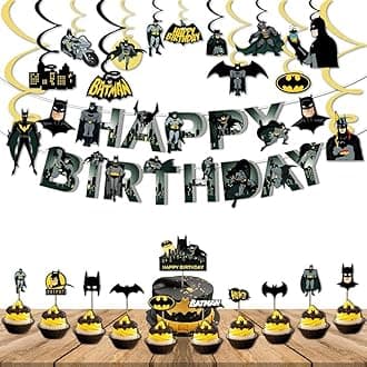 Festiko® Superhero Birthday Party Supplies for Kids (38 Pcs), Dark Theme Superhero Party Decorations, Birthday Decorations Combo Happy Birthday Banner, Hanging Swirls, Cake Topper,Cup Cake Toppers