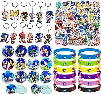 – 86 pcs Party Favors Set Include and Keychains for Game Fans Party Bag Fillers Gamer Party Favours Colored Silicone Wristbands Rubber Key Chains Supplies Birthday Themed Party (Dark Blue)