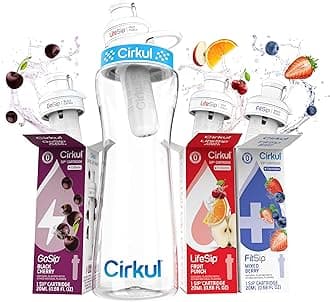 Cirkul 22oz. BPA-Free Plastic Water Bottle Starter Kit with Blue Lid, 3 Flavor Cartridges (1 LifeSip Fruit Punch, 1 FitSip Mixed Berry, 1 GoSip Black Cherry) Zero Calories and No Sugar