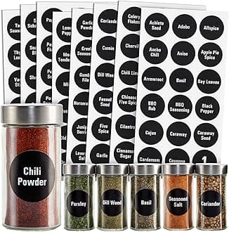 Spice Labels Stickers - 144 Round 1.5-Inch Water-Resistant Vinyl - Preprinted Chalkboard-Style Labels for Glass Spice Jars & Seasoning Containers - Pantry Organization